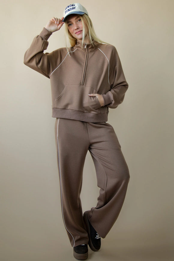 Tori Piping Detail Quarter Zip Set Mocha