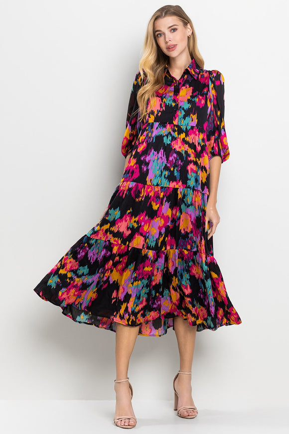 Carol Button Down Midi Dress-Multi