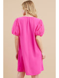 Ellen Solid Short Puffed Sleeves Dress-Hot Pink