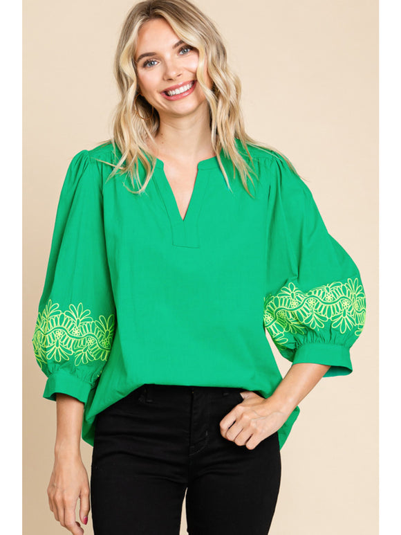 Raven Solid Embroidered Top-Green