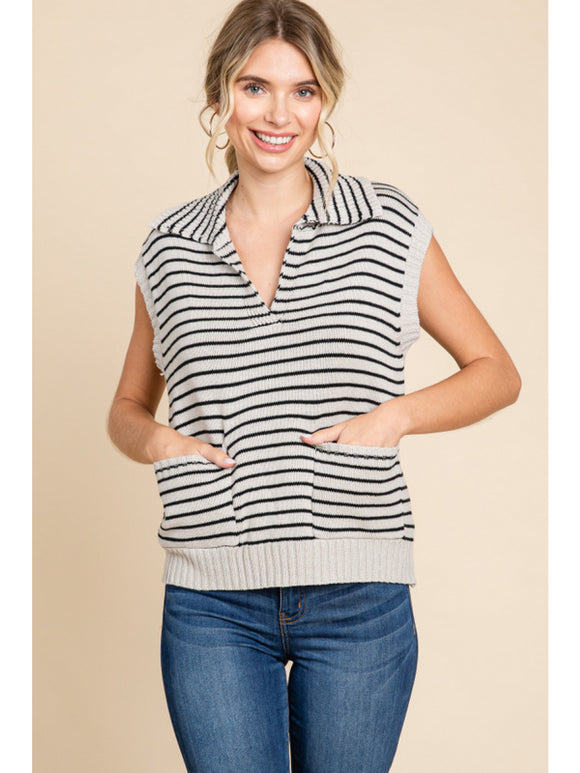 Everlee Striped Knit Vest-Oatmeal/Black