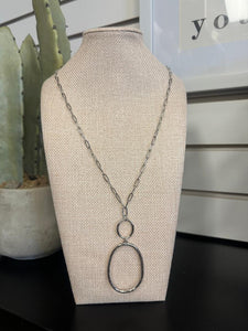 Long Paperclip Oval Dangle Necklace- Silver