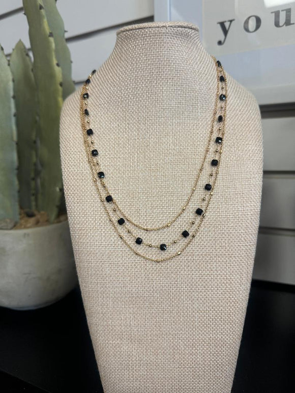 Triple Stand Gold Beaded Necklace- Black