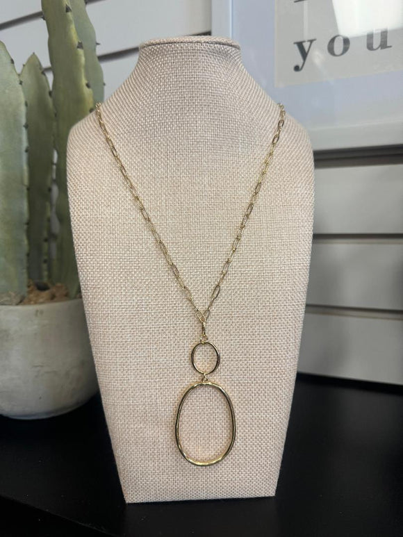 Long Paperclip Oval Dangle Necklace- Gold