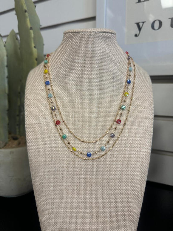 Triple Stand Gold Beaded Necklace- Multicolored