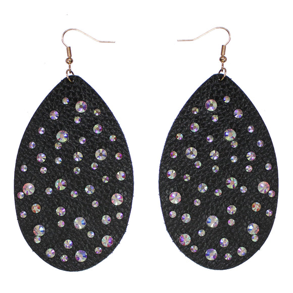 Genuine Leather w/Rhinestone Earring-Black