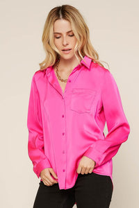 Landry Satin Button Down Shirt-Pink