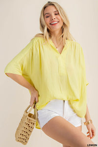 Megan Woven Short Sleeve Top-Lemon