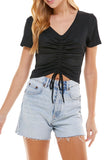 Renee Ribbed Drawstring Tie Top-Black