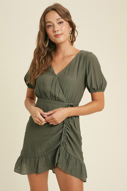 ruched surplice mini dress Ruched Surplice Cap Sleeve Mini Dress Mid Green / M