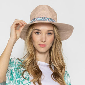 Straw Panama Hat With Aztec Band And Pearl Accents-Pink