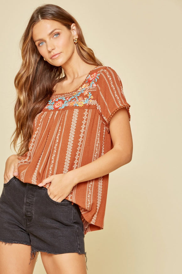 Allyson Babydoll Embroidered Top-Rust