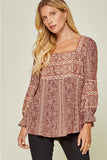 Erin Aztec Embroidered Babydoll Top-Wine