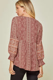 Erin Aztec Embroidered Babydoll Top-Wine