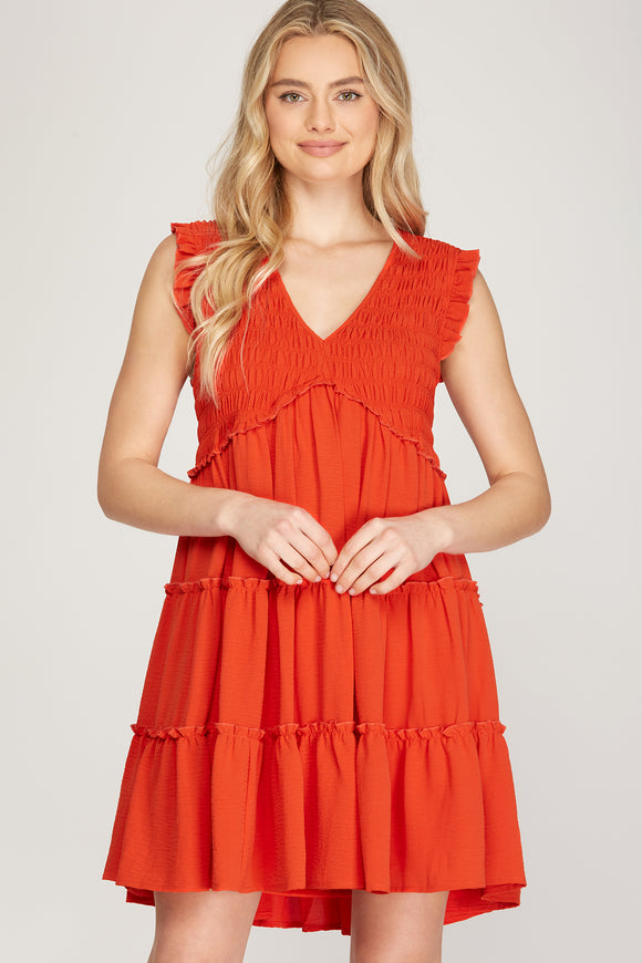 Kasey Smock Tiered Dress-Red