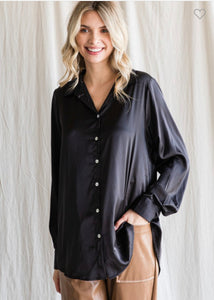 Bailey Satin Button Up Top-Black