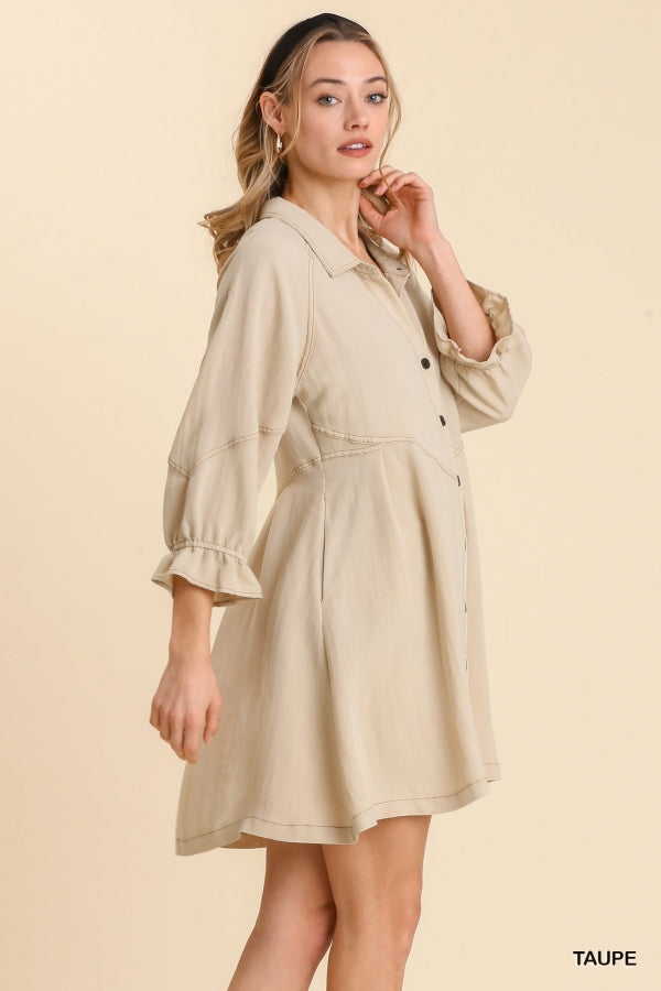 Tara Button Down Ruffle Cuffed Long Sleeve Dress-Taupe  Missy's Boutique