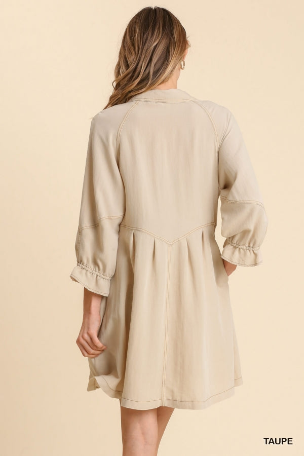 Tara Button Down Ruffle Cuffed Long Sleeve Dress-Taupe