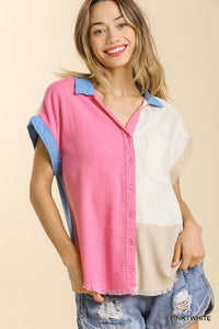 Tasha Color Block Gauze Top-Pink