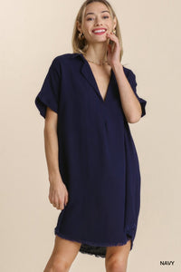 Brannde Linen Blend Collared Dress-Navy