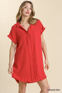 Avery Collar Button Down Dress-Red