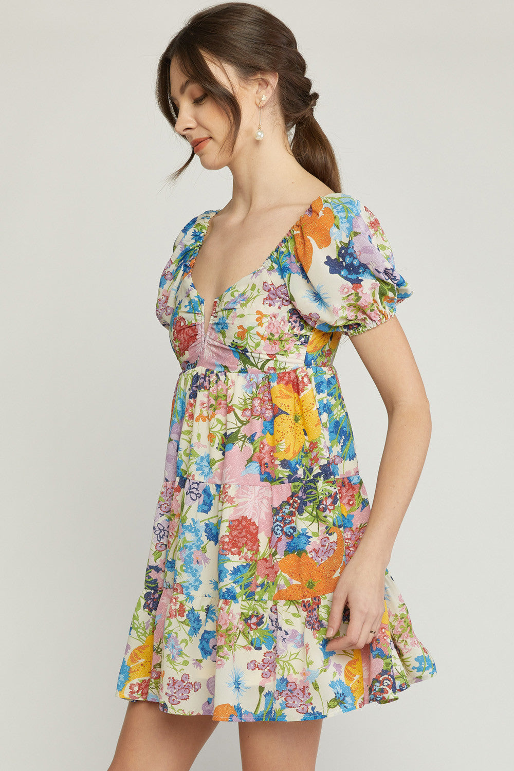 white christmas dresses White Floral Print Off Shoulder Short Sleeve Cut Out Babydoll Dress Medium main image 0