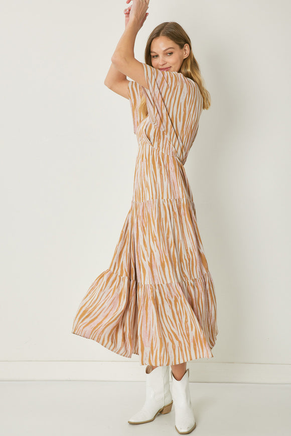 Lisa Zebra Print V-Neck Dress-Camel