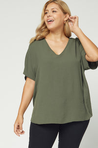 Melanie Asymmetrical V Neck Top-Plus-Olive
