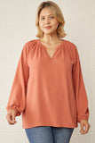 Denise Solid Long Sleeve Top-Curvy