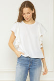 Bailey Ribbed Flutter Sleeve Top-White