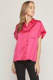 Alice Satin Button Up Top-Hot Pink