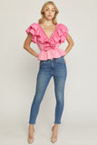 Bree Solid V-Neck Peplum Top-Pink