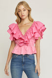 Bree Solid V-Neck Peplum Top-Pink