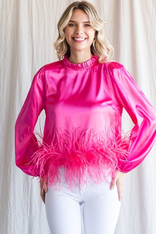 Darcy Satin Feather Top-Pink