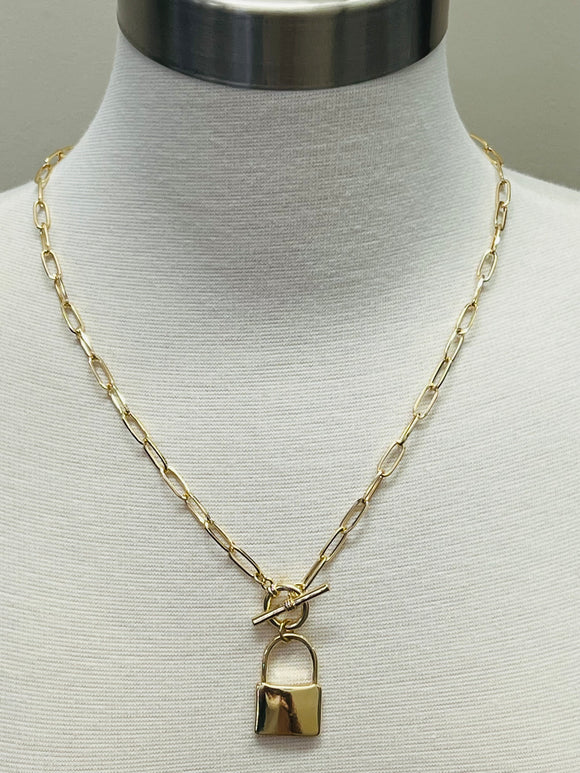 Lock Chain Link pendant Necklace-Gold