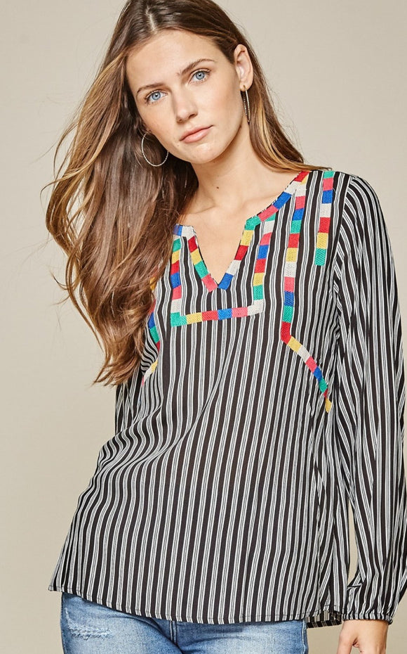 Ivonca Striped Top With Color Block Embroidery